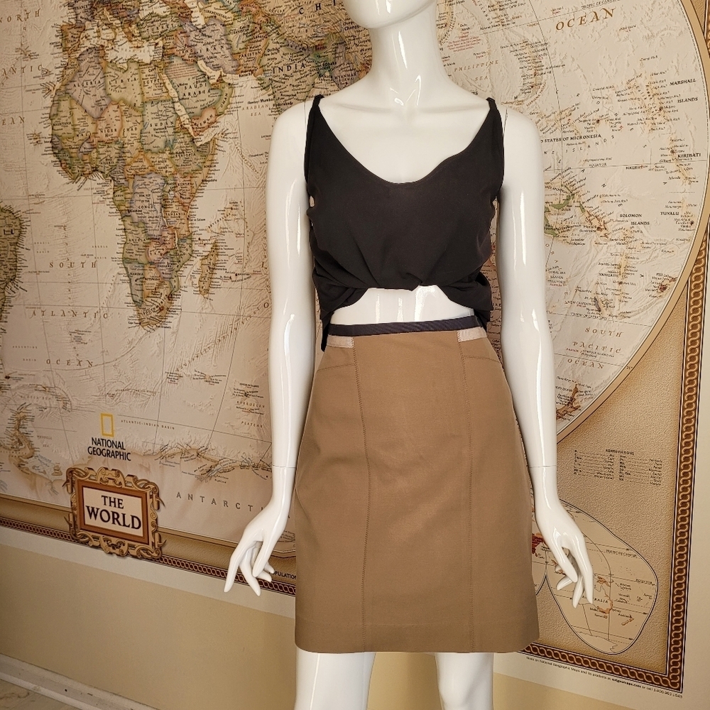 Club Monaco tan pencil skirt black ivory waistband slit office neutral work 6